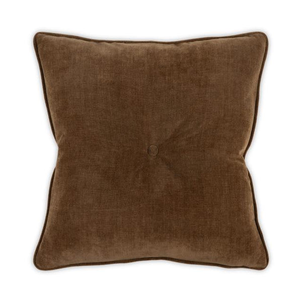 The Buttoned Bobbie Pillow - Macchiato 22 x 22 by Moss Studio is a square velvet pillow in a rich brown hue, featuring a single centered button tuft, subtly curved edges, and a plush down-feather blend fill, shown against a white background.