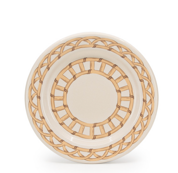 The Domino Wicker Dinnerware Set of 4 - Almond by Crow Canyon Home features round ceramic plates with a beige background and light brown interwoven bamboo-inspired patterns, evoking classic wicker dinner plate designs.