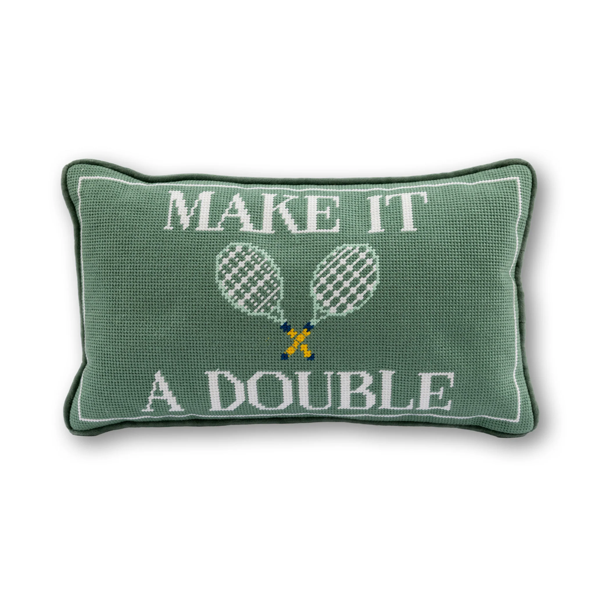 The Furbish Needlepoint Pillow - Make It A Double features a green rectangular design with white trim, “MAKE IT A DOUBLE” text, and crossed tennis racquets—making it an ideal gift for tennis lovers.