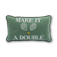 The Furbish Needlepoint Pillow - Make It A Double features a green rectangular design with white trim, “MAKE IT A DOUBLE” text, and crossed tennis racquets—making it an ideal gift for tennis lovers.