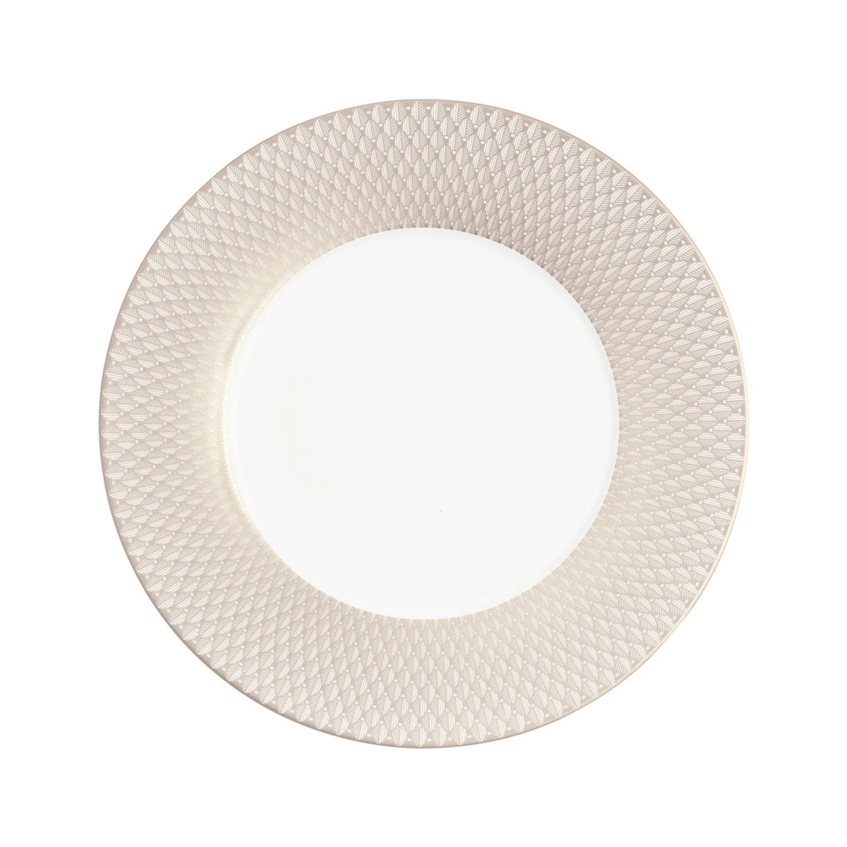 Crafted by Christofle, the Malmaison Imperiale Porcelain Dinnerware Platinum features a round white plate with a smooth, plain center and a textured light beige rim adorned with a diamond pattern. This elegant piece epitomizes luxury tableware from the renowned collection.