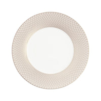 Crafted by Christofle, the Malmaison Imperiale Porcelain Dinnerware Platinum features a round white plate with a smooth, plain center and a textured light beige rim adorned with a diamond pattern. This elegant piece epitomizes luxury tableware from the renowned collection.