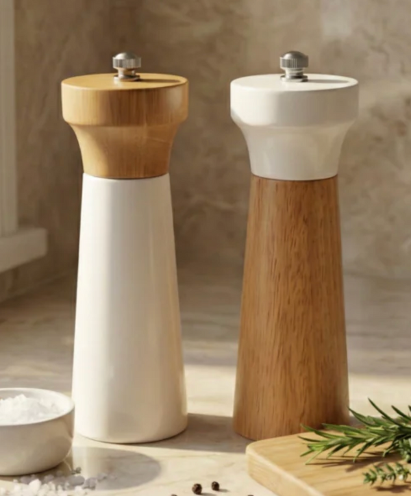 The Be Home Mayan Wood Salt & Pepper Shaker Set features modern, handcrafted grinders with wood and white finishes, adding rustic elegance to your kitchen as sunlight streams in, alongside a bowl of coarse salt, peppercorns, and rosemary.