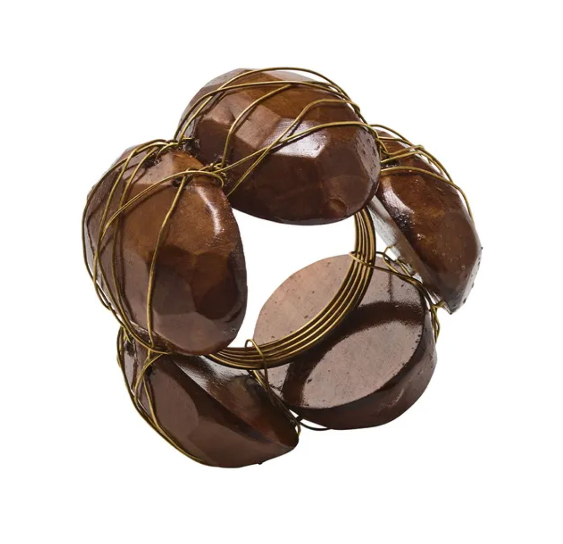 A bold, circular napkin ring set featuring several large, polished brown accents wrapped with thin gold wire, the Burl Napkin Ring Set of 4 by Kim Seybert adds a striking touch to any table setting.