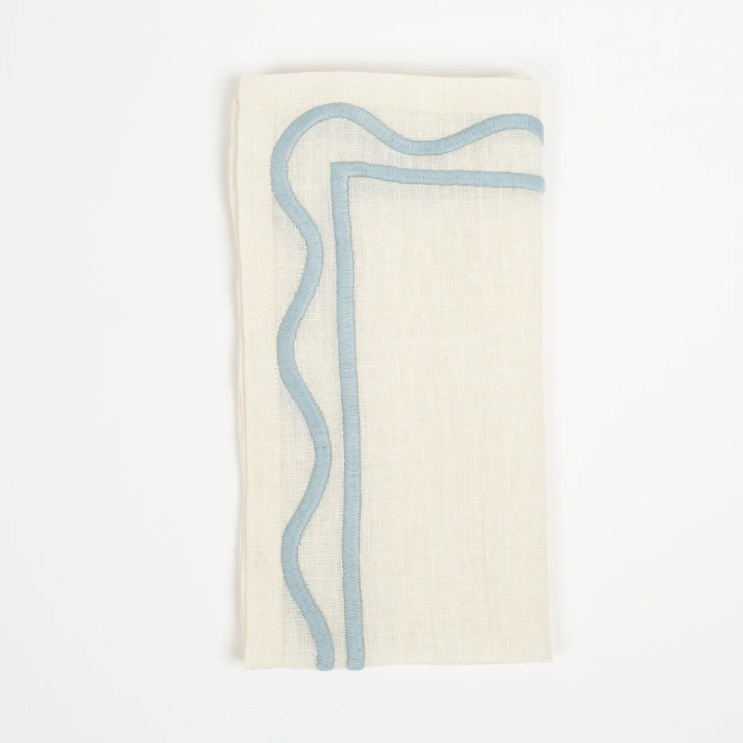 Colorblock Embroidered Linen Napkin Set of 4 - Blue.