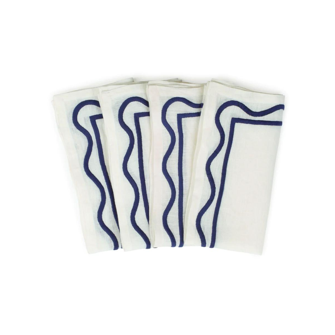 Colorblock Embroidered Linen Napkin Set of 4 - Dark Blue.