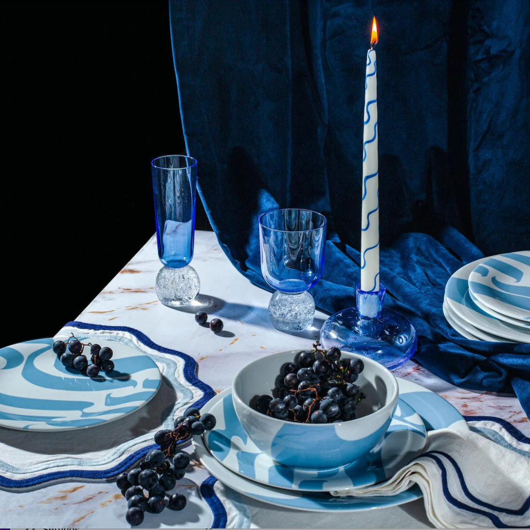 Colorblock Embroidered Linen Napkin Set of 4 - Dark Blue.
