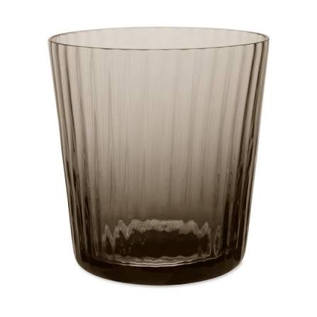 The Lando Pleat Glassware by MATCH is a smoky brown tumbler featuring ribbed vertical ridges, expertly crafted using Venetian techniques inspired by antique Italian glassware, shown against a white background.