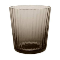 The Lando Pleat Glassware by MATCH is a smoky brown tumbler featuring ribbed vertical ridges, expertly crafted using Venetian techniques inspired by antique Italian glassware, shown against a white background.