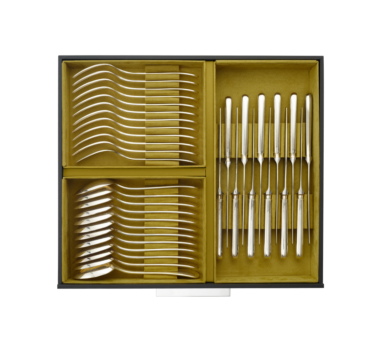An open Christofle Silver Care Storage Chest 108 or 120 pieces - 10 Modules with velvet-lined compartments containing rows of silver forks, spoons, and knives.