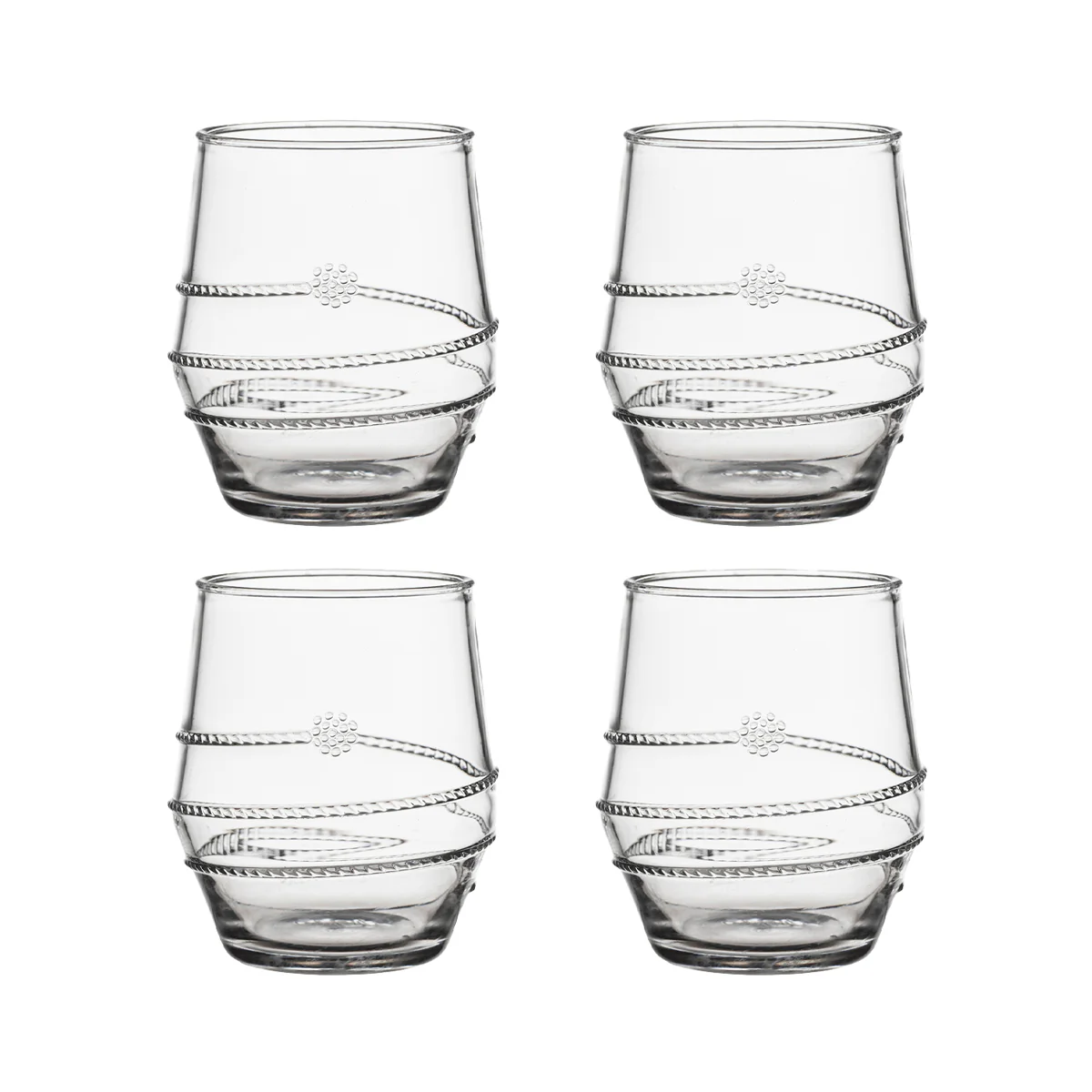The Juliska Amalia Acrylic Tumbler Set of 4 - Clear - Small features clear acrylic glasses with a swirl and dot design, ideal for outdoor entertaining. They are shown in a grid against a white background.