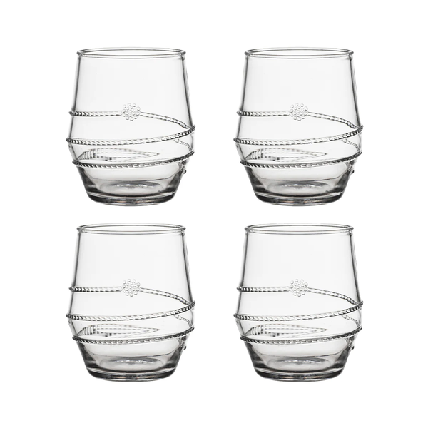 The Juliska Amalia Acrylic Tumbler Set of 4 - Clear - Small features clear acrylic glasses with a swirl and dot design, ideal for outdoor entertaining. They are shown in a grid against a white background.