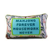 The Needlepoint Pillow - Mahjong by Furbish features floral patterns and a blue center with "MAHJONG FOREVER HOUSEWORK NEVER"—a unique decorative gift for fans of this classic game.
