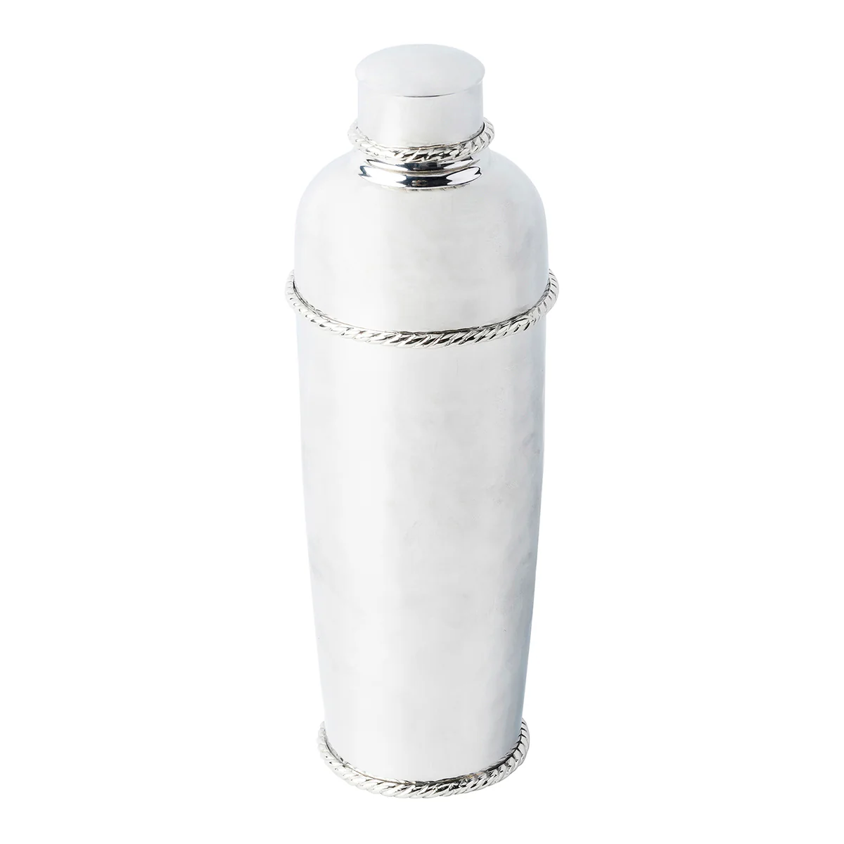 The Juliska Graham Cocktail Shaker features hammered stainless steel with polished finish and decorative rope detailing on the lid, neck, and base—an elegant addition to any mixologist's collection. Shown here against a white background.