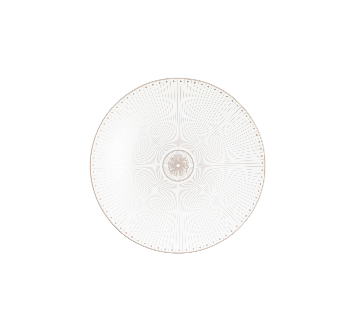 A white, round ceramic plate from the Christofle Malmaison Imperiale Porcelain Dinnerware Platinum collection, showcasing a radial line motif and a central floral design, viewed from above against a plain white background. This sophisticated piece exemplifies the exquisite craftsmanship characteristic of Christofle’s platinum dinnerware.