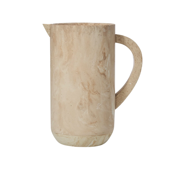 The Soleil Resin Pitcher - Sand by Godinger features a beige, marble-patterned design with a rounded body, curved handle, and small spout—highlighting functional elegance against a plain white background.