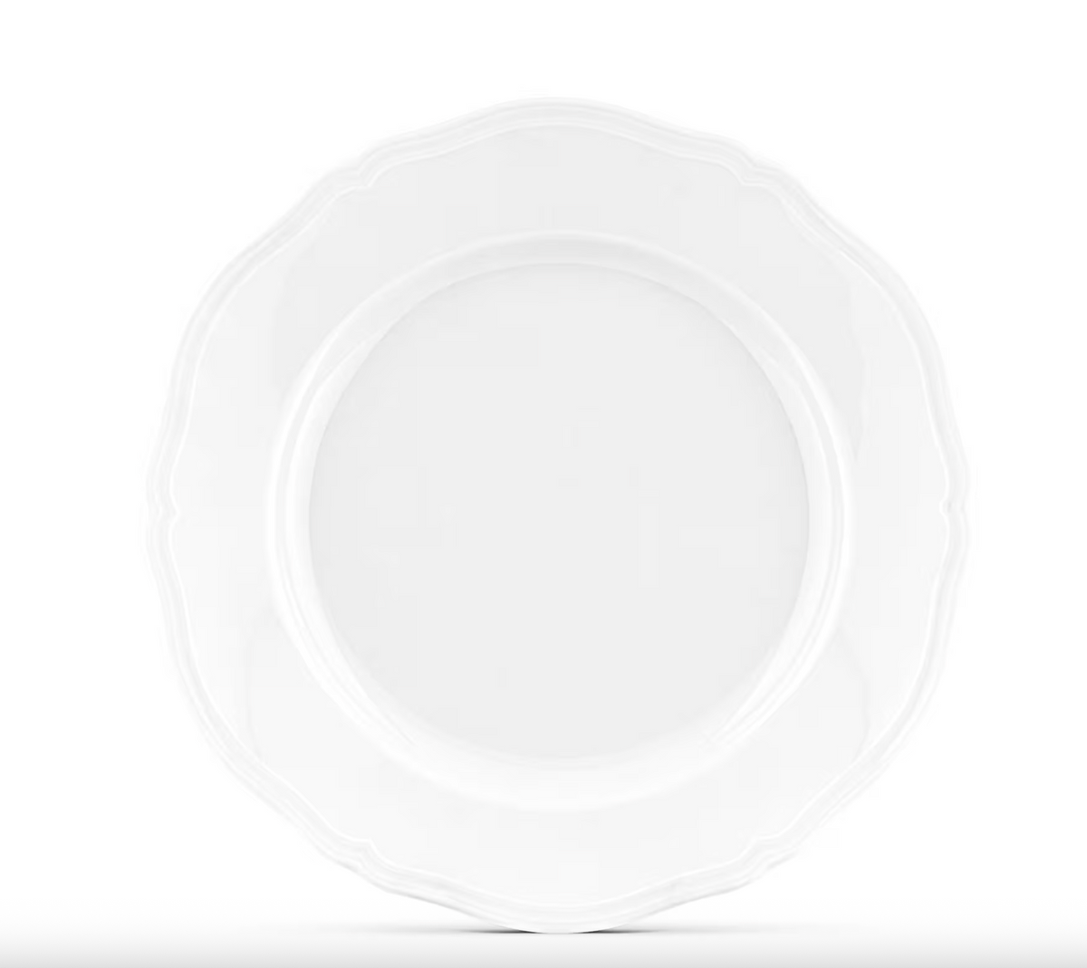 Centered against a white background, the Antico Doccia Dinnerware by Ginori 1735 features a timeless design with its plain, empty white ceramic plate and elegant scalloped edge.