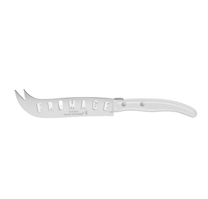The Berlingot Fromage Cheese Knife by Claude Dozorme is handcrafted in France, featuring stainless steel construction, a sleek double-riveted handle, a curved forked tip, and holes spelling “FROMAGE.”.