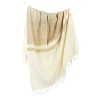 Kallpa Collection Alpaca Throw - Tobacco & Wheat cream-colored blanket with tan and brown horizontal stripes and fringed edges, hanging from a string.