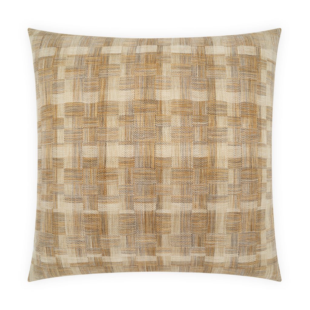 The Inlay Pillow Burlap 22 x 22 by D.V. KAP / Canaan Company is a square decorative pillow featuring interlocking lines and textured blocks in shades of beige, tan, and brown on a white background. Its geometric woven pattern creates a basket-weave look reminiscent of a chunky plaid design.