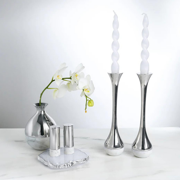 Dual Candleholders Set of 2 - Marble & Silver.