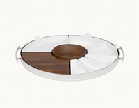 Round MOOD PARTY Christofle Stainless Steel Round Tray 15.7″ (40cm) with two side handles, a central wooden bowl, removable white ceramic wedge-shaped dishes, and a wooden accent segment.