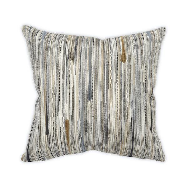 The Pillar Pillow - Blue by Moss Studio is a square cushion featuring vertical stripes in shades of blue, black, white, and tan. Its pattern incorporates streaks and small dots for a textured, woven appearance—ideal for modern luxury interiors. The background remains plain white.