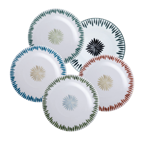 Five white ceramic plates from Marie Daâge's Allee de Cypres 4 Platinum Rim collection, each featuring a unique colored sunburst and matching rim—an elegant example of hand-painted Limoges dinnerware.