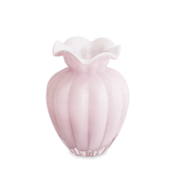 The Glass Vento Vase Camellia - Large by Beatriz Ball is a pastel pink glass vase featuring a scalloped, ruffled rim and a rounded, ribbed body, shown against a white background.