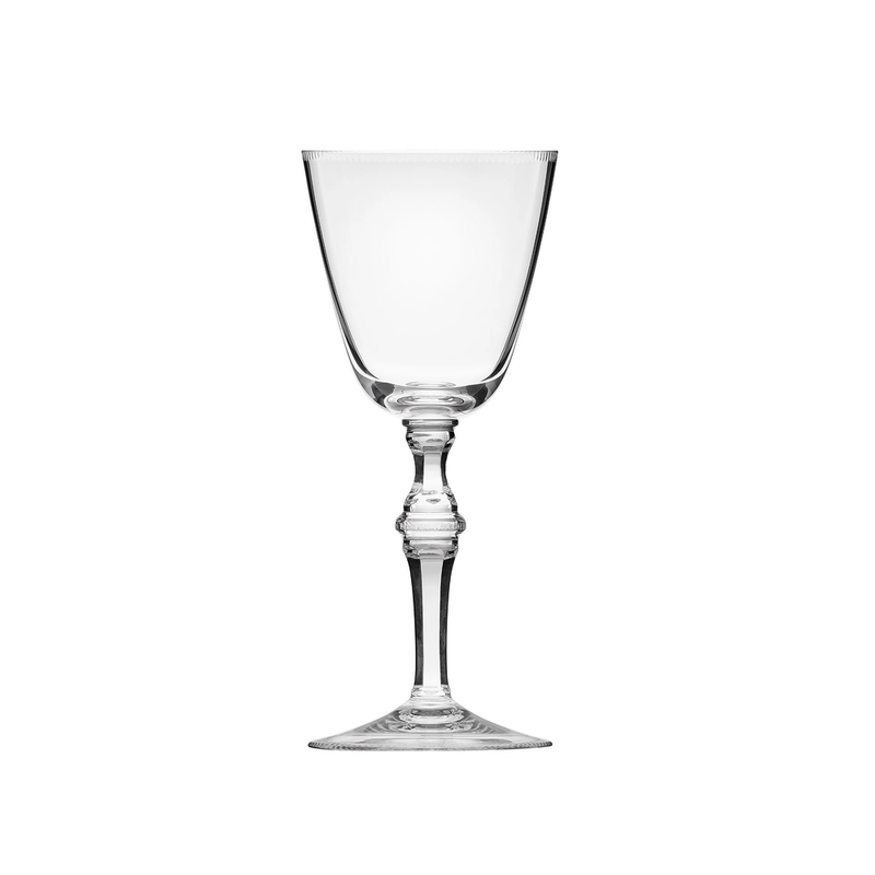 The Moser Mozart wine glass features a decorative stem and round base, showcased empty against a plain white background.