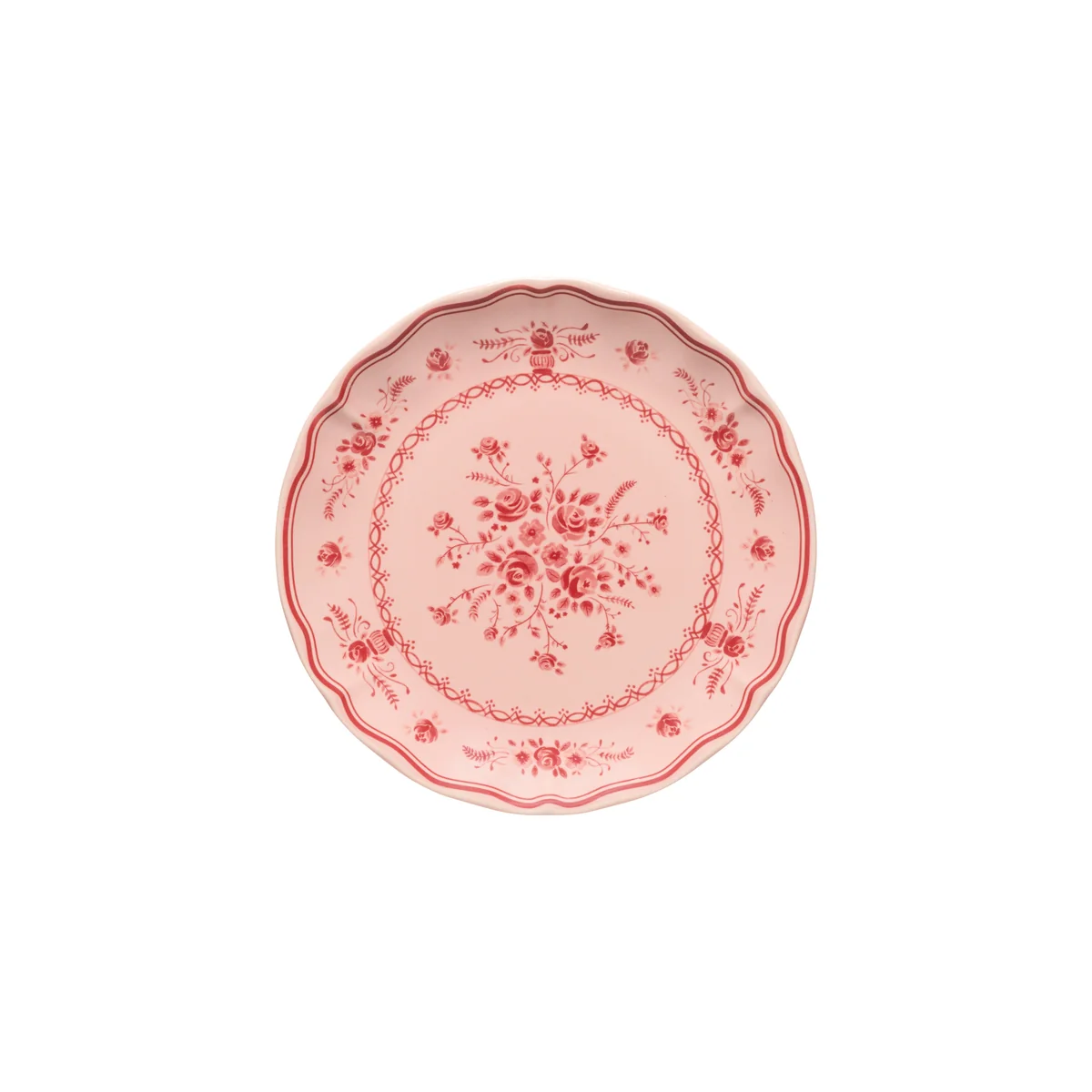 Vila Pink / Red Dessert Plate in pink stoneware with a scalloped edge and red floral patterns.