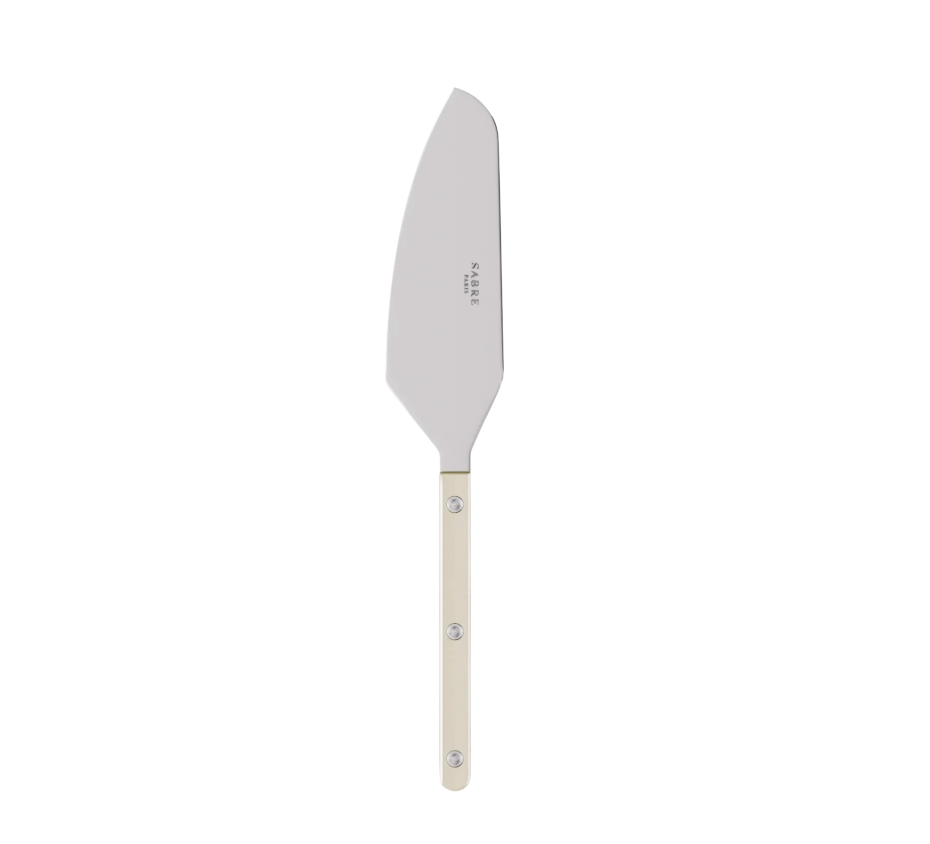 The Bistrot Pearly Tart Slicer by Sabre, featuring a straight ivory-hued handle and a wide, angled stainless steel blade, is displayed on a plain white background—an elegant example of customizable tableware that effortlessly combines both function and style in your collection.