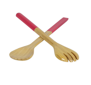 Albert L Bamboo Classic Salad Servers Set Long features two eco-friendly wooden utensils—a solid spoon and a slotted fork with red handles—ideal as large salad serving utensils for your kitchen.