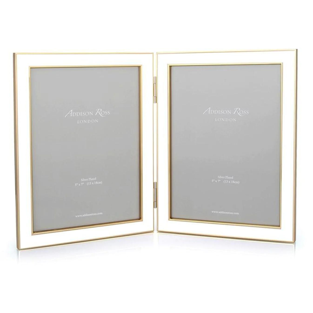 Enamel Double Frame - White & Gold 5 x 7