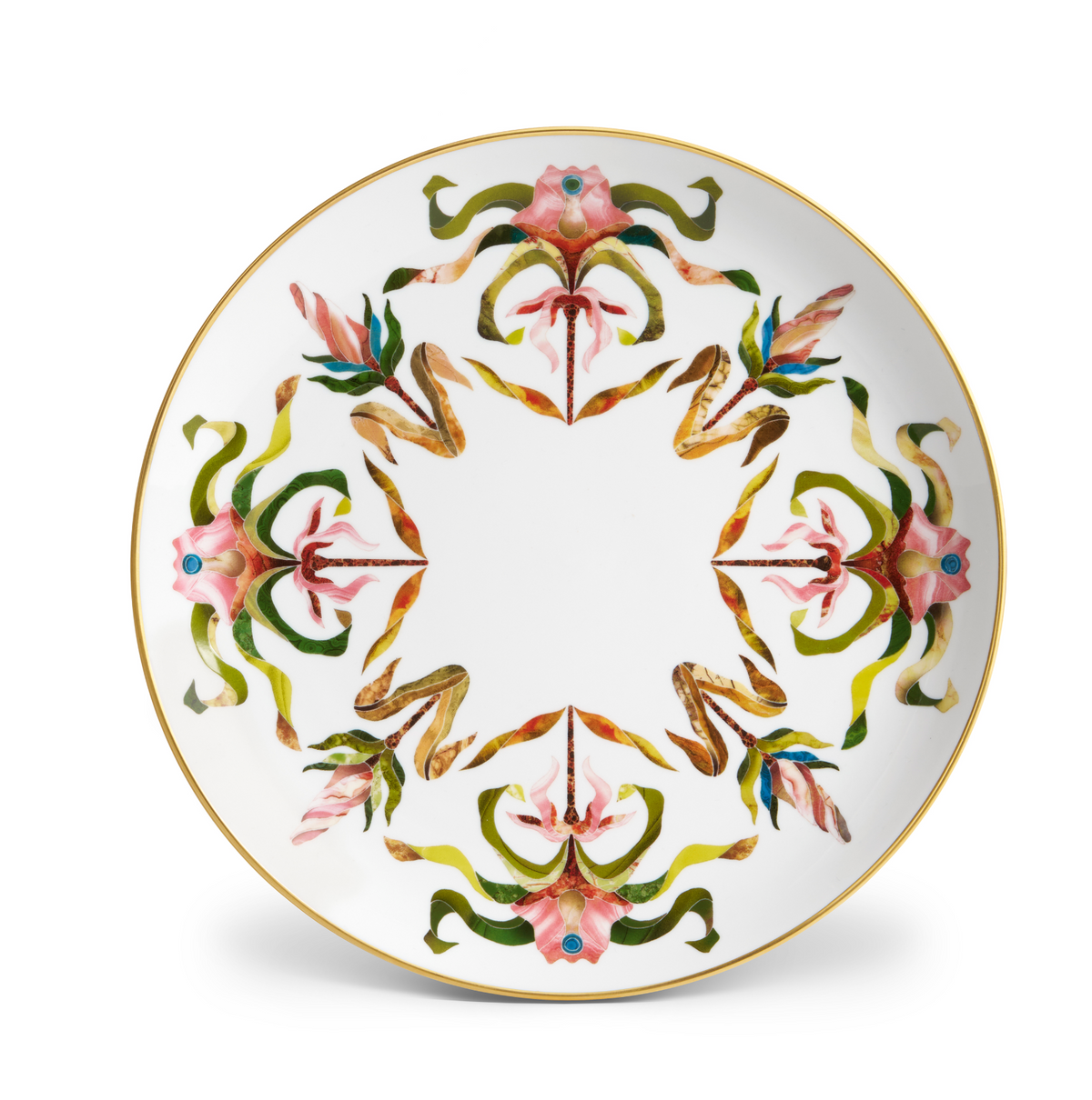 L’Objet Grand Tour dinner plate in white porcelain featuring a symmetrical, colorful floral pattern and 24k gold accents.