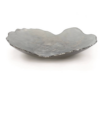 A shallow, irregularly shaped metallic bowl with a textured, uneven rim—reminiscent of artisan glasswork by Regina Medeiros—the Gardeco Mapa Grey & Silver Trim Bowl is showcased against a plain white background.