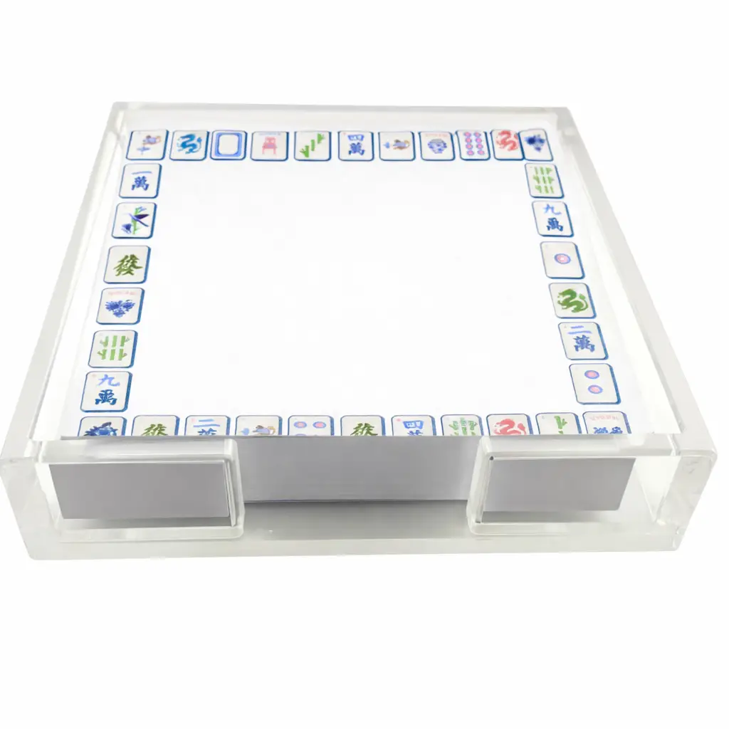 Maven Home Preppy Mahjong Notepad & Holder featuring a square notepad with a mahjong tile border in a clear acrylic holder.