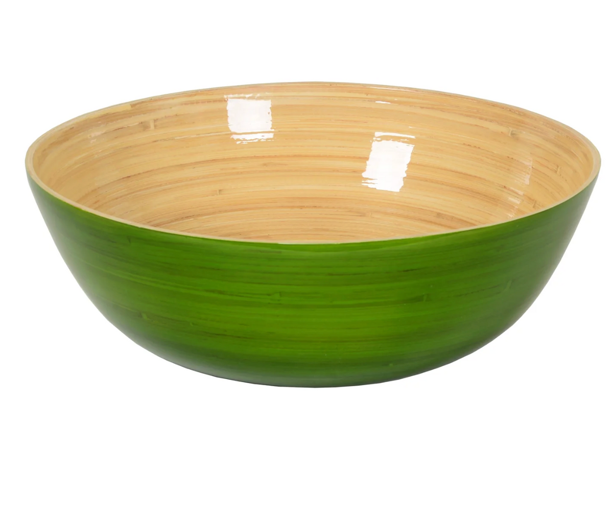 The Albert L Bamboo Classic Serving Bowl 11.7" features a round bamboo design with a natural wood interior and glossy green exterior, perfect for eco-friendly servings. Food-safe and stylish, shown on a white background.