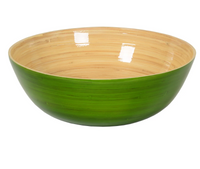 The Albert L Bamboo Classic Serving Bowl 11.7" features a round bamboo design with a natural wood interior and glossy green exterior, perfect for eco-friendly servings. Food-safe and stylish, shown on a white background.