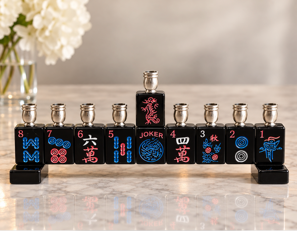 The Eclectic Judaica Mah Jong Menorah - Black features nine metal candle cups on a base of black mahjong tiles, colorful symbols, and a raised central joker tile.