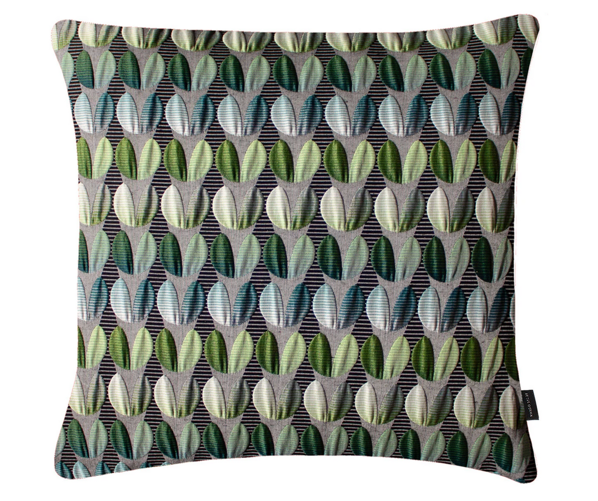 The Eden Pillow 22 x 22 by Margo Selby features a geometric, symmetrical design with a repeating leaf pattern in green, blue, and cream on a dark striped background. Crafted using a double-weave process, this square pillow cover offers a modern and stylish look.