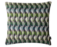 The Eden Pillow 22 x 22 by Margo Selby features a geometric, symmetrical design with a repeating leaf pattern in green, blue, and cream on a dark striped background. Crafted using a double-weave process, this square pillow cover offers a modern and stylish look.
