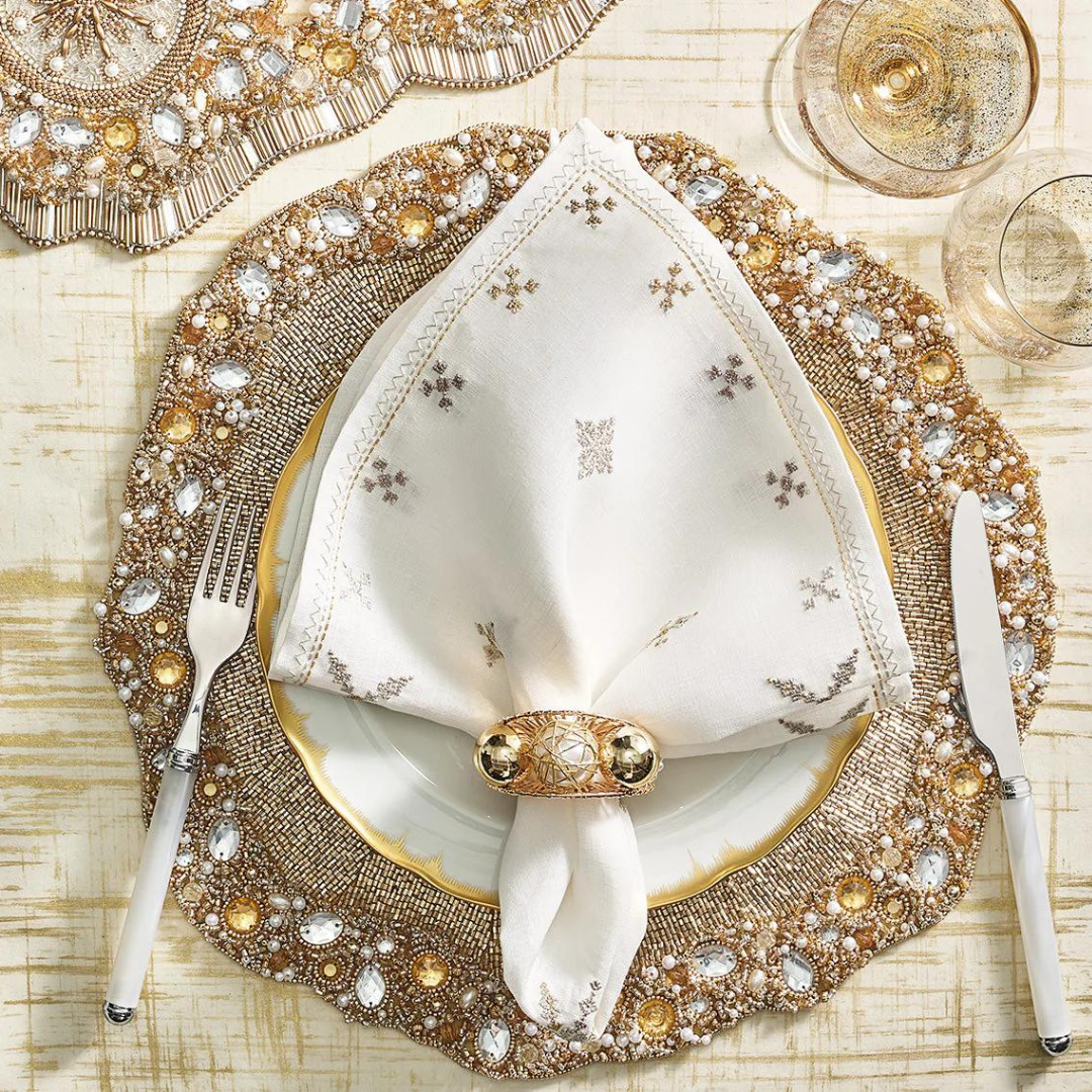 Fez Napkin in White, Gold & Silver - Set of 4.