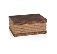 The Zodax Russo Burlwood and Raffia Box - Small features a dark burlwood lid and base, textured woven sides, and a soft suede-lined interior, shown on a white background.