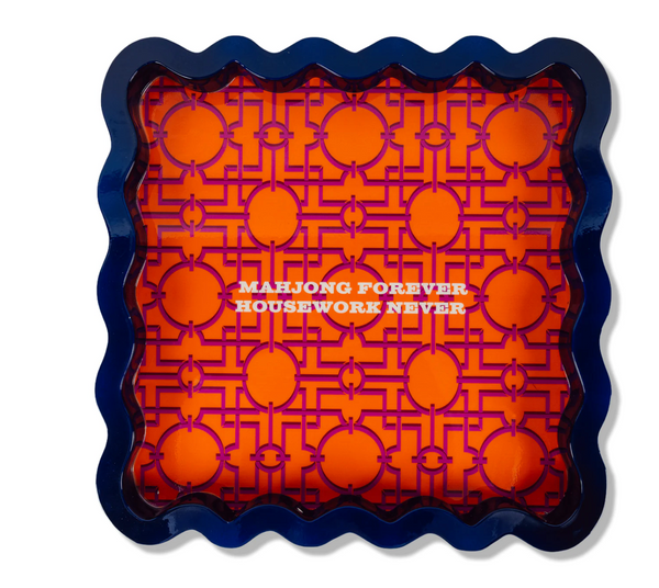 The Furbish Sayings Lacquer Tray - Mahjong - Large features a square design with wavy navy edges, a vibrant orange and purple geometric pattern, and bold MAHJONG FOREVER HOUSEWORK NEVER text in the center.