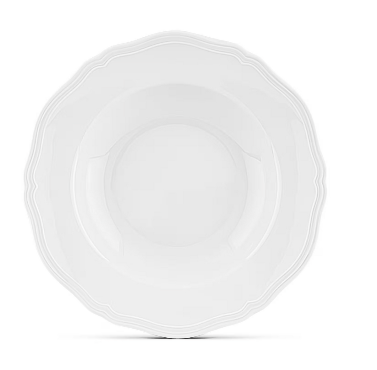 The Antico Doccia Dinnerware by Ginori 1735 is a pure white porcelain plate featuring a scalloped, wavy edge and delicate embossed detailing inspired by Florentine silverwork, photographed from above against a white background to showcase its timeless design elegance.