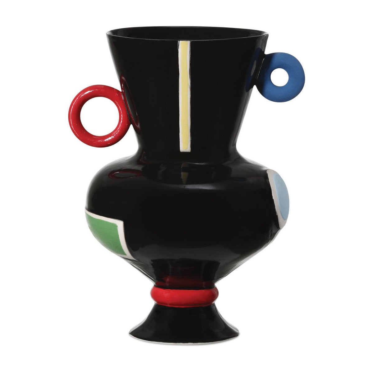 The Matisse Vase - Small by Currey & Company is a modern black porcelain piece with a wide flared top, colorful geometric accents, a red circular handle, and blue loop—an unmistakable sculptural statement for any space.