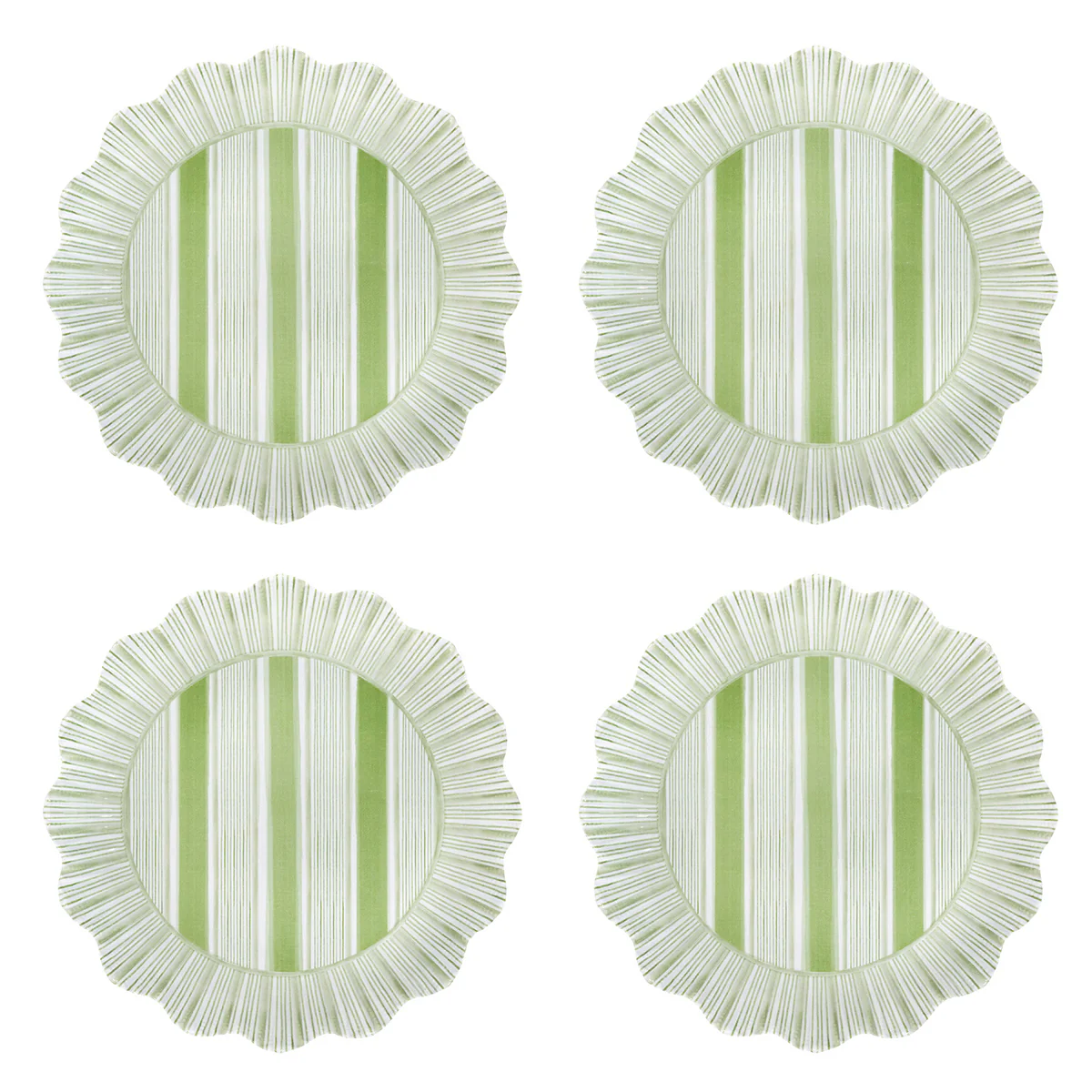 The Juliska Cabana Stripe Melamine Dinnerware Set of 4 in Seagrass features round, ruffled-edge plates with vertical green and white stripes. These shatterproof, dishwasher-safe plates are arranged in a 2x2 grid on a white background.