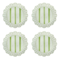 The Juliska Cabana Stripe Melamine Dinnerware Set of 4 in Seagrass features round, ruffled-edge plates with vertical green and white stripes. These shatterproof, dishwasher-safe plates are arranged in a 2x2 grid on a white background.