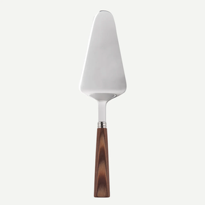 The Sabre Nature Tart Server features a wide, flat triangular stainless steel blade and a chocolate-colored wood handle. Dishwasher safe, this stylish pie server is shown on a plain light background.